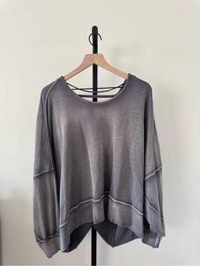 Free People Washed Gray Scoop Neck Pullover with Back Strap